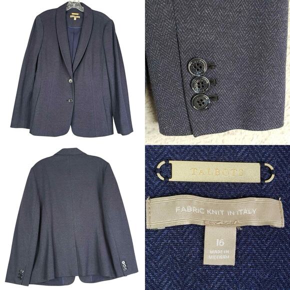 Talbots Blazer Women’s Size 16 Jacket Navy Blue Stretch Knit Herringbone Italy - Picture 1 of 7